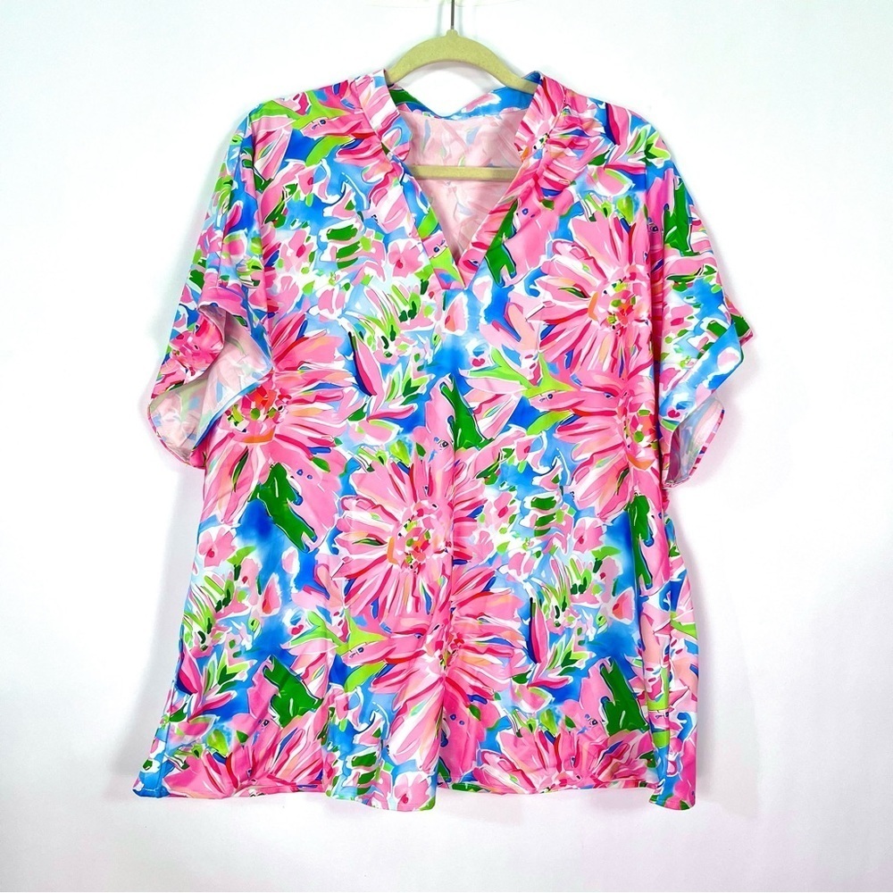 Women’s Bright Tropical Floral Print V neck Short Sleeve Top Pink Blue Sz 2XL